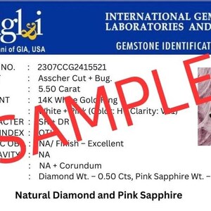 May include: An International Gemological Laboratories and Institute gemstone identification report for a 14K white gold ring featuring a 5.50 carat Asscher cut pink sapphire and diamond. The document includes certificate number 2307CCG2415521 and a sample image of the ring.