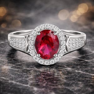 May include: A silver-toned ring featuring a large, oval-cut vibrant red gemstone at the centre. The central stone is surrounded by a halo of small, clear, round-cut stones. The band is accented with additional small clear stones on both sides.