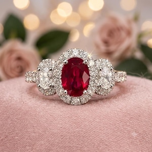May include: A three-stone ring featuring a central oval-cut red gemstone surrounded by a halo of small white diamonds. Two additional oval-cut white diamonds are set on either side, all mounted on a silver-toned band with pavé-set diamonds.