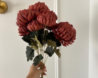 Artificial Auburn Chrysanthemum Bunch – 9 Head Silk Mum Flowers – Faux Floral Bouquet – Autumn Decor – Wedding Centerpiece Flowers