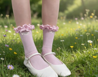 フリル付きアンクルソックス（レーストリム付き）｜コケットメリージェーンソックス｜キュートなボウタイレッグウォーマー｜パステルロリータ風ソックス（レディース）