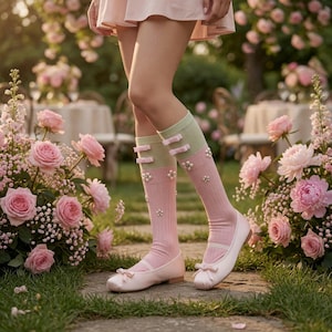 May include: Pink and green knee-high socks with pearl accents and bow details, paired with matching pink ballet flats. The socks have a green band at the top with small bows. The flats have a small bow on the toe. The scene is set outdoors with pink roses.