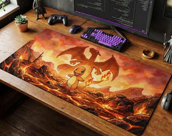 Charmander & Charizard Volcanic Desk Mat, Fire Pokemon Mouse Pad, Warm Orange Gaming Setup, Anime Chair Mat