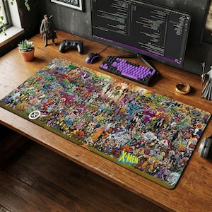May include: A large rectangular mouse mat with a vibrant collage of comic book characters. The mat has a yellow border and the words "X-MEN" are visible. A computer keyboard, mouse, and other desk accessories are also present.