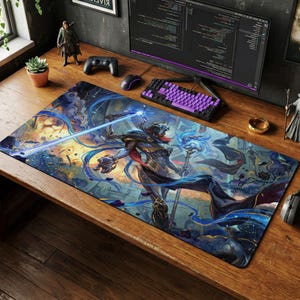 Puede incluir: Alfombrilla de ratón rectangular para juegos con un diseño de arte fantástico. Presenta una figura de guerrero con armadura oscura, empuñando un báculo azul brillante y un rayo de luz. La alfombrilla tiene una paleta de colores vibrante de azules, dorados y naranjas.