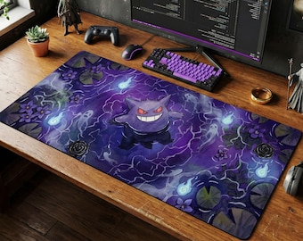 Gengar Aquarell Schreibtischmatte, Dark Gothic Gaming Mauspad, Lila Ghost Tastaturmatte