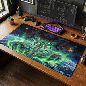 May include: A large rectangular mousepad featuring a detailed illustration of a mech robot in a dynamic pose, set against a backdrop of a futuristic space scene with green energy effects. The mousepad is designed for gaming.