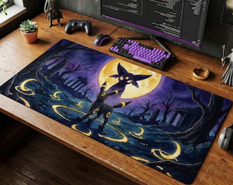 Umbreon Mystic Moon Desk Mat, Dark Watercolor Gaming Mouse Pad, Gothic Anime Workspace