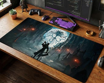 Bloodborne Hunter Desk Mat, Eldritch Horror Mouse Pad, Yharnam Gaming Setup, Soulslike Keyboard Mat