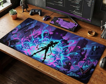 Jinx Vi Arcane Schreibtischmatte, Neon Cyberpunk Gaming Mauspad