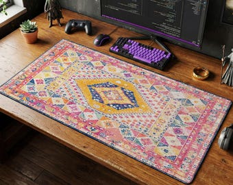 Persian Rug Mouse Pad | Sunrise Pink Desk Mat, Bright Boho Home Decor Mat
