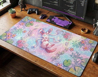 Sylveon Pastel Desk Mat, Pokemon Watercolor Mouse Pad, Dreamy Fairy Type Keyboard Pad, Cute Kawaii Gaming Desk Setup and Chair Mat