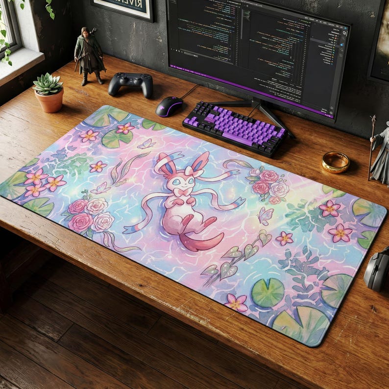 Sylveon Pastel Desk Mat, Pokemon Watercolor Mouse Pad, Dreamy Fairy Type Keyboard Pad, Cute Kawaii Gaming Desk Setup and Chair Mat