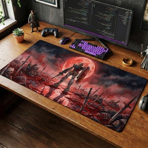 RX-78-2 Gundam Desk Mat, Blood Moon Mecha Mouse Pad, Grimdark Anime Chair Mat, Gunpla Builder PC Setup Decor