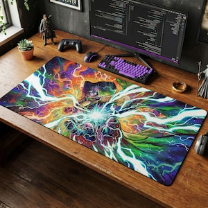May include: A rectangular gaming mousepad with a vibrant comic book style illustration. The design features a figure with a glowing energy blast, surrounded by colorful lightning bolts and a mix of purple, green, and orange hues. A purple keyboard and mouse are also visible.