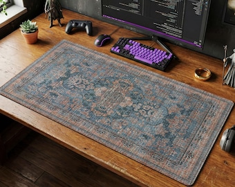 Persian Rug Mouse Pad | Faded Teal Desk Mat, Muted Vintage Boho Decor