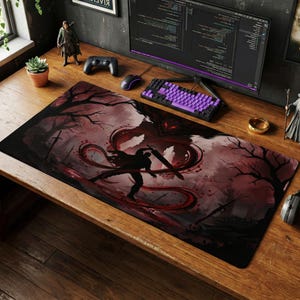 Alfombrilla de escritorio de anime de fantasía oscura, alfombrilla de ratón para juegos Crison Aura, conjunto de espada épica