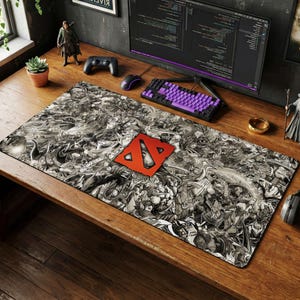 Puede incluir: Una alfombrilla de ratón rectangular grande para juegos con un diseño gráfico en blanco y negro con personajes y escenas. La alfombrilla tiene un logotipo rojo de Dota 2 en el centro. Un teclado, un ratón y otros accesorios están en el escritorio de madera.