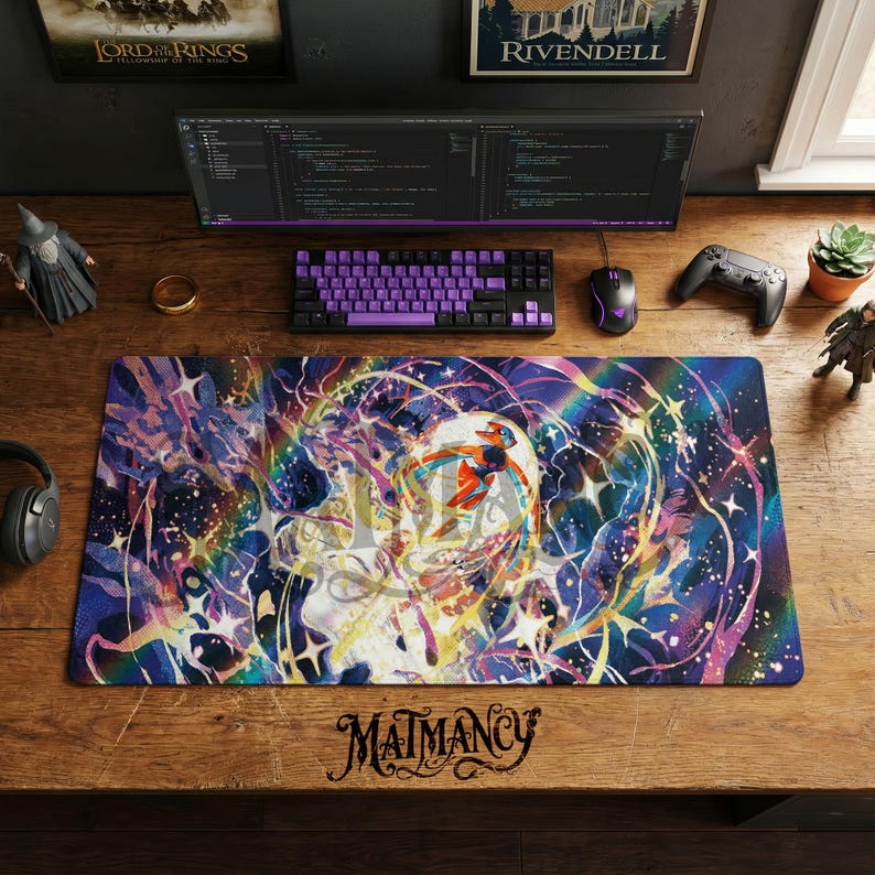 Deoxys Pokemon Cosmic Large Desk Mat, Vibrant Space Gaming Mouse Pad, Retro Starry Playmat, Chair Mat for Anime Desk Setup