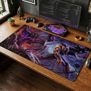 May include: A large rectangular mousepad featuring a fantasy illustration with purple, red, and gold tones. The artwork depicts a character in action with a flowing cape. A keyboard, mouse, and other desk accessories are visible.