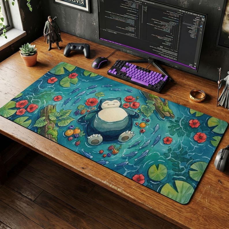 May include: A rectangular desk mousepad featuring a cartoon Snorlax character floating in a pond with fish, flowers, and berries. The mousepad has a blue and green color scheme and is surrounded by a wooden desk, a keyboard, and a computer monitor.