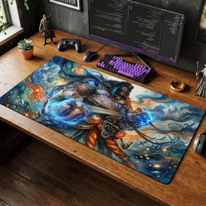 May include: A large rectangular mouse pad featuring a muscular warrior with blue energy effects. The artwork is set against a backdrop of blues, oranges, and yellows. A purple keyboard and black mouse are visible.