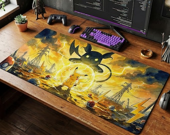 Pikachu & Raichu Electric Desk Mat, Thunder Pokemon Mouse Pad, Yellow Gaming Setup, Anime Chair Mat