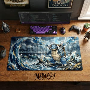 Blastoise Desk Mat, Pokemon Water Art Mouse Pad, Large Gaming Chair Mat, Ukiyo-e Anime PC Setup Accessories