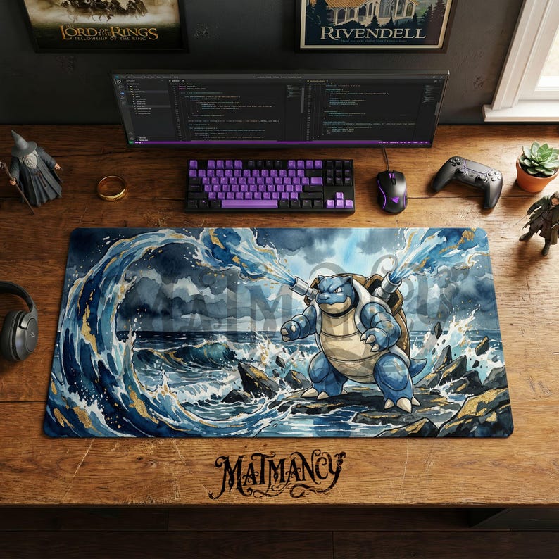 Blastoise Desk Mat, Pokemon Water Art Mouse Pad, Large Gaming Chair Mat, Ukiyo-e Anime PC Setup Accessories