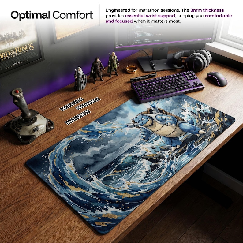 Blastoise Desk Mat, Pokemon Water Art Mouse Pad, Large Gaming Chair Mat, Ukiyo-e Anime PC Setup Accessories