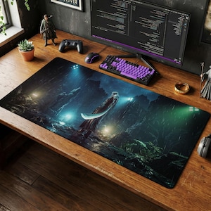May include: A rectangular black mouse pad featuring a fantasy scene with a figure holding a sword in a rainy, mountainous environment. The pad has a non-slip surface and is designed for gaming or computer use. The pad is 36 inches long and 12 inches wide.