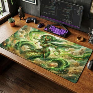 Puede incluir: Alfombrilla de ratón rectangular para juegos con una ilustración de fantasía de una mujer de piel verde con pelo largo verde y un cuerpo inferior de serpiente. La obra de arte está ambientada sobre un fondo de ruinas antiguas y energía verde arremolinada.