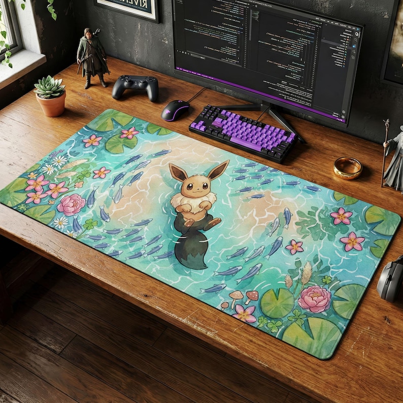 Mimikyu Cottagecore Desk Mat, Pokemon Watercolor Mouse Pad, Spooky Cute Ghost Type Keyboard Pad, Cozy Earthy Gaming Setup and Chair Mat #6 - Eevee