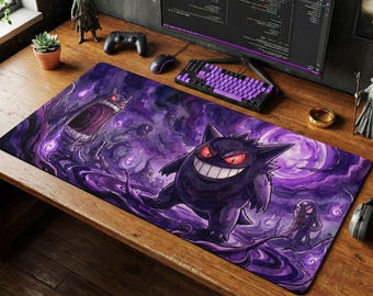 Gengar Dark Watercolor Desk Mat, Gothic Gaming Mouse Pad, Ghost Anime Setup Chair Mat