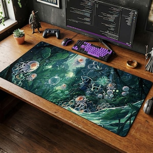 Pode incluir: Tapete de mesa retangular com uma ilustração detalhada de uma cena subaquática fantástica. O design apresenta águas-vivas, bolhas e um personagem, com uma paleta de cores verde, azul e laranja.