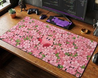 Kirby Sakura Blossom Desk Mat, Pastel Kawaii Gaming Setup Mouse Pad