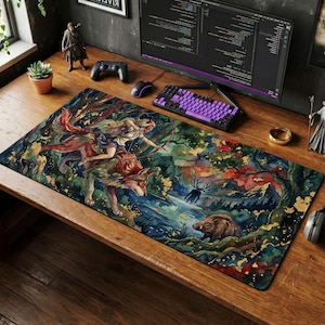 May include: A rectangular desk mat featuring a watercolor illustration of a woman with a bow and arrow riding a wolf through a forest. The mat has a dark color scheme with gold accents and measures approximately 36 inches long.