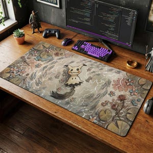 Mimikyu Cottagecore Desk Mat, Pokemon Watercolor Mouse Pad, Spooky Cute Ghost Type Keyboard Pad, Cozy Earthy Gaming Setup and Chair Mat