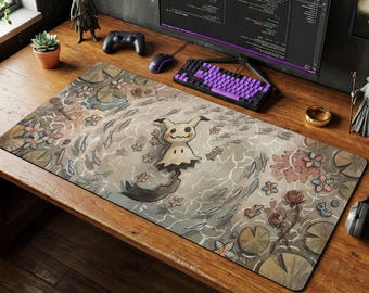 Mimikyu Cottagecore Schreibtischmatte, Pokemon Aquarell Mauspad, gruselige Geister Art Tastaturauflage, gemütliches erdiges Gaming Set-up und Stuhlmatte