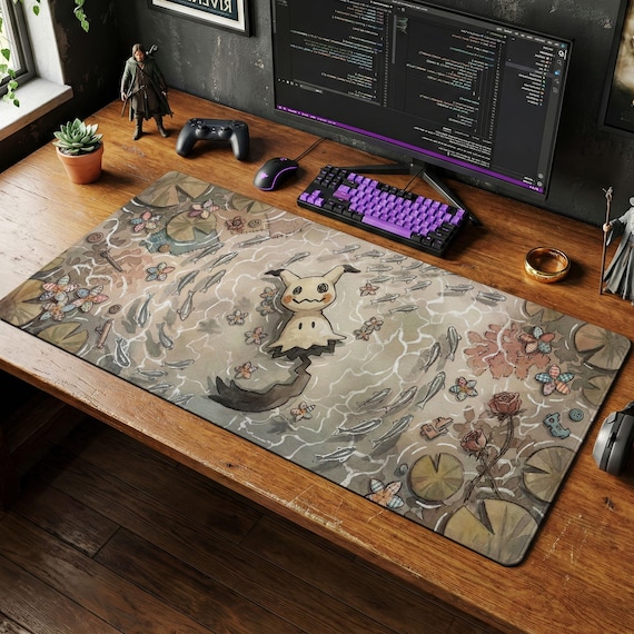 Mimikyu Cottagecore Desk Mat, Pokemon Watercolor Mouse Pad, Spooky Cute Ghost Type Keyboard Pad, Cozy Earthy Gaming Setup and Chair Mat
