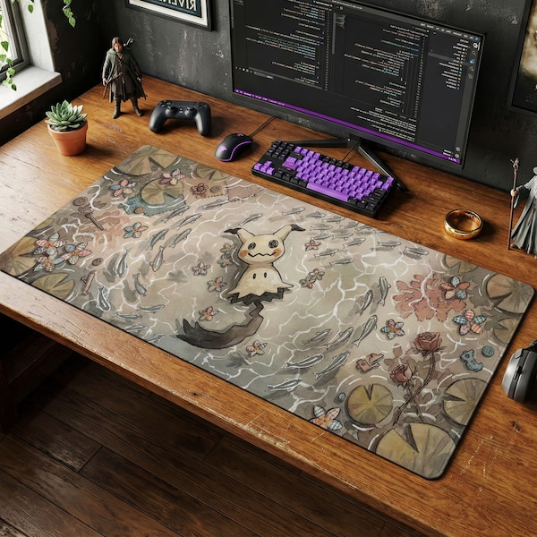 Mimikyu Cottagecore Schreibtischmatte, Pokemon Aquarell Mauspad, gruselige Geister Art Tastaturauflage, gemütliches erdiges Gaming Set-up und Stuhlmatte