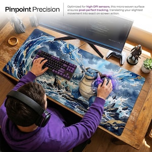 Blastoise Desk Mat, Pokemon Water Art Mouse Pad, Large Gaming Chair Mat, Ukiyo-e Anime PC Setup Accessories