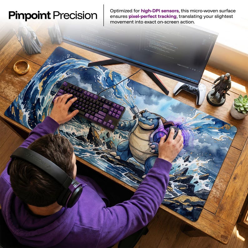 Blastoise Desk Mat, Pokemon Water Art Mouse Pad, Large Gaming Chair Mat, Ukiyo-e Anime PC Setup Accessories