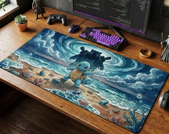 Squirtle Blastoise Watercolor Desk Mat, Ocean Gaming Mouse Pad