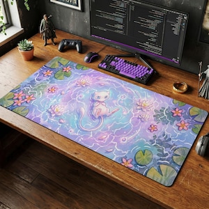 May include: A rectangular desk mat featuring a pastel illustration of a Mew Pokémon character floating in water with lily pads and flowers. The mat has a purple, blue, and pink color scheme and is designed for use with a computer.