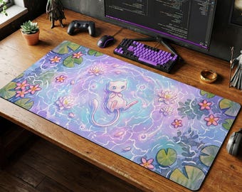 Mew Magical Watercolor Desk Mat, Dreamy Pokemon Mouse Pad, Pastel Gaming Setup, Cute Anime Chair Mat