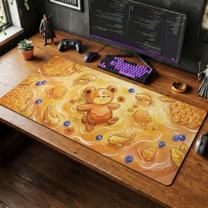 May include: A large rectangular mousepad featuring a whimsical illustration. A cartoon bear floats in a honey-colored liquid, surrounded by fish, blueberries, and honeycomb shapes. The pad is designed for a computer setup.