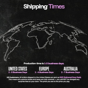 May include: Image with the text "Shipping Times" in white and pink. A world map is sketched in white. Below the map are details for shipping to the United States, Europe, and Australia, including production and delivery times.
