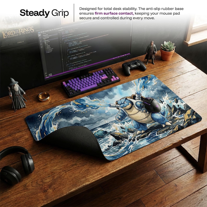 Blastoise Desk Mat, Pokemon Water Art Mouse Pad, Large Gaming Chair Mat, Ukiyo-e Anime PC Setup Accessories