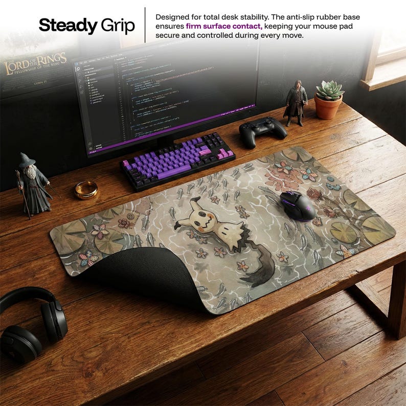 Mimikyu Cottagecore Desk Mat, Pokemon Watercolor Mouse Pad, Spooky Cute Ghost Type Keyboard Pad, Cozy Earthy Gaming Setup and Chair Mat